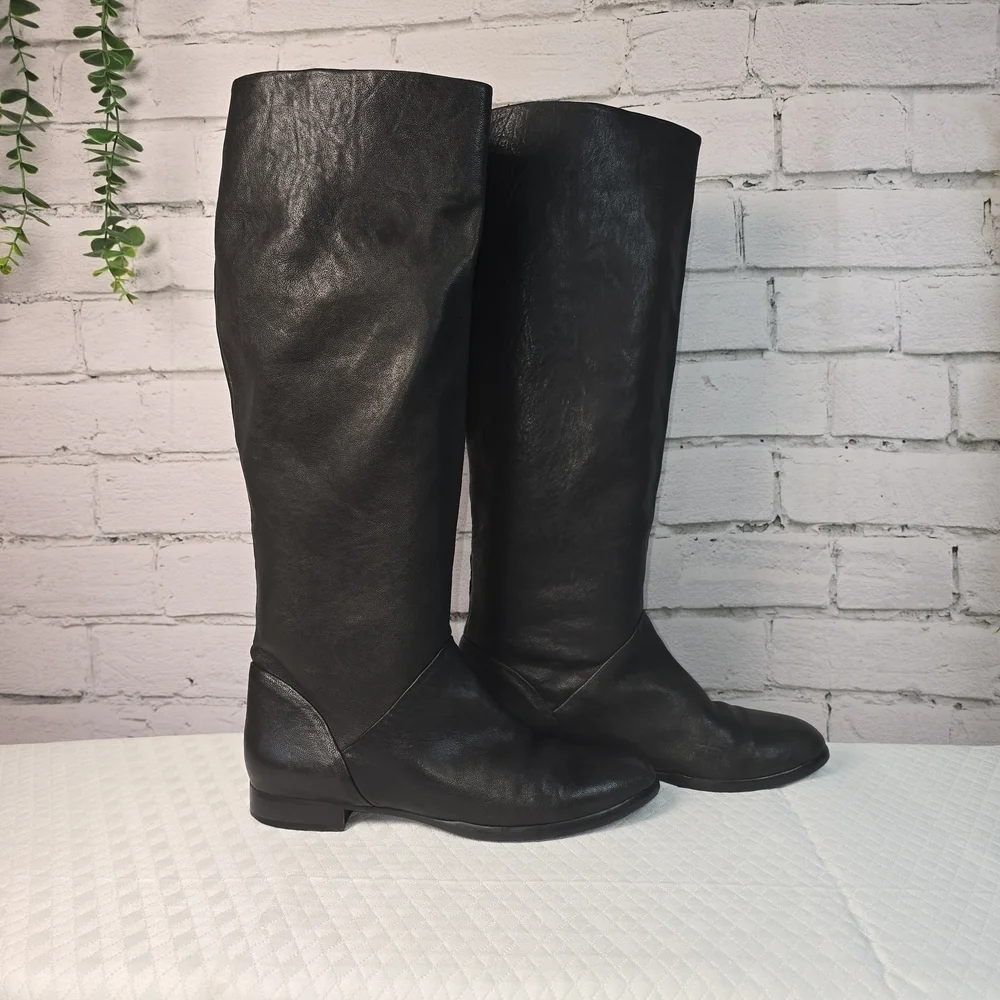 J. CREW BLACK SOFT LEATHER PULL ON KNEE HIGH BLACK BOOTS WOMENS SIZE 8